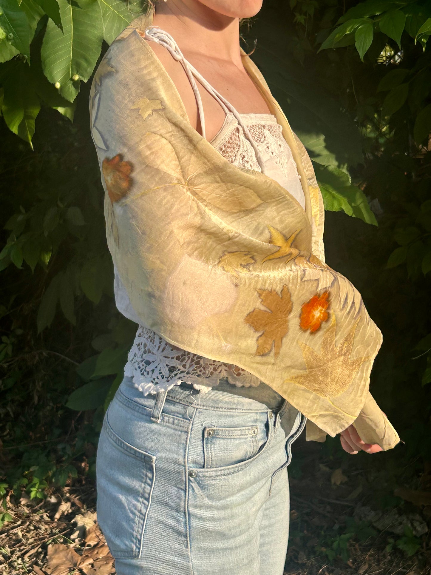 Eco printed silk scarf